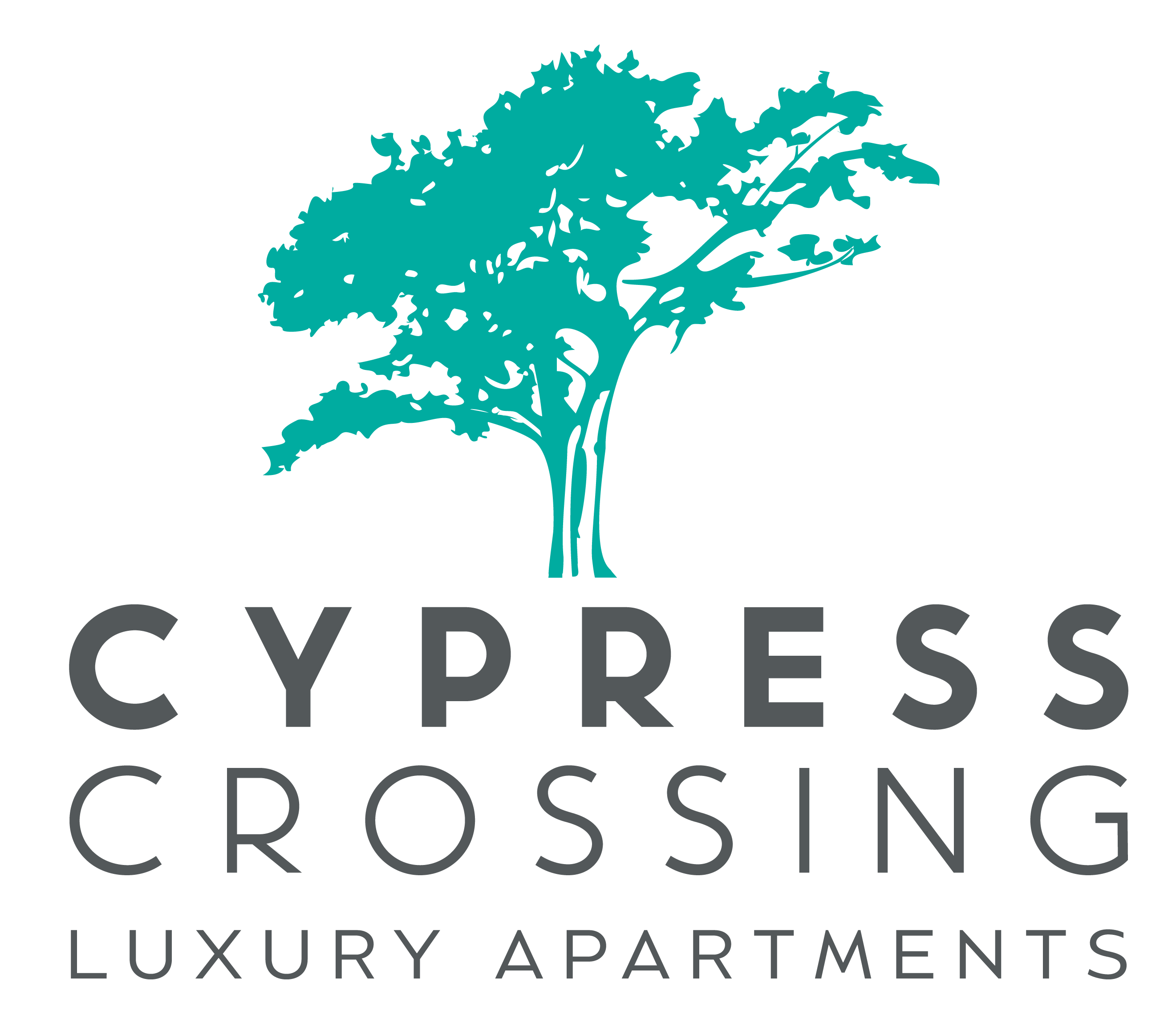 A logo for Cypress Crossing Luxury Apartments featuring a stylized tree.
